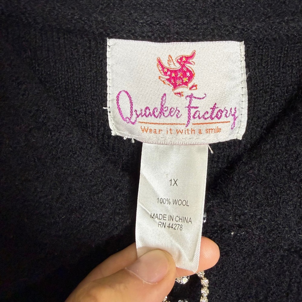 Quacker Factory Jacket Women 1X Black Boiled Wool Rhinestone Heart Zip Cardigan - Picture 4 of 5